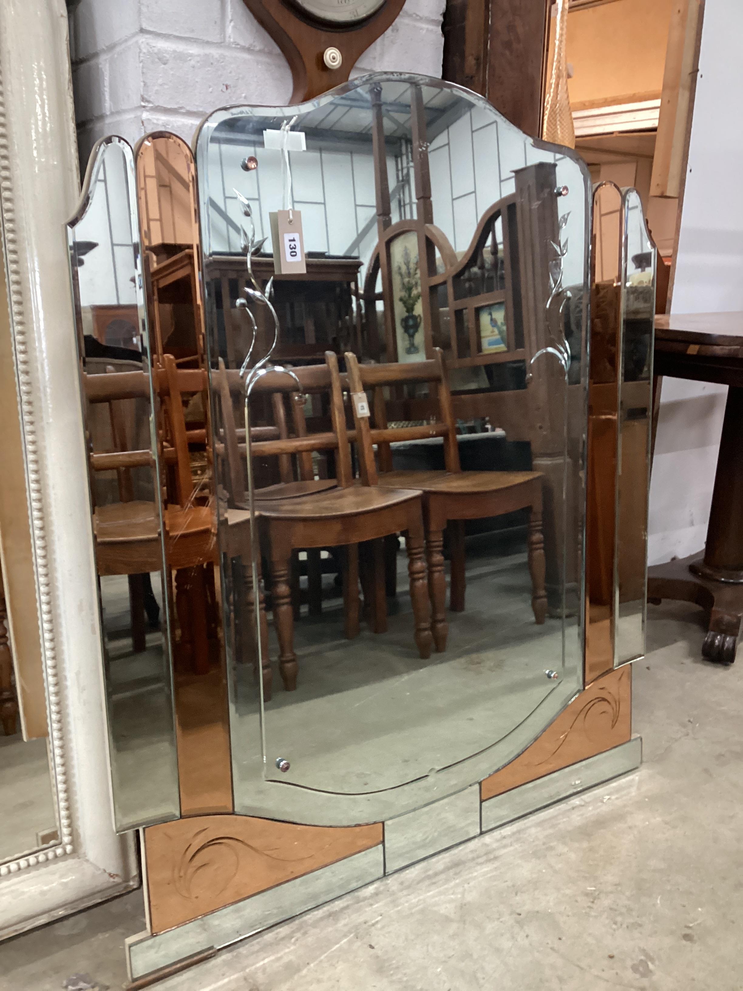 An Art Deco style clear and amber glass wall mirror, width 92cm, height 107cm